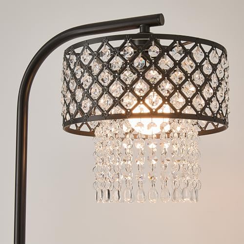 Hsyile Crystal Floor Lamp for Living Room - Marble Base Modern Tall Stand Up Light with Table,Contemporary Over the Couch Lamp Standing Lamps for Bedroom Office Living Room (Black+Mesh Lampshade) - Image 5