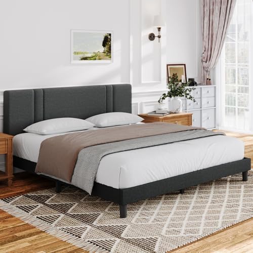 Novilla King Size Bed Frame with Adjustable Headboard Platform King Bed Frame Linen Fabric Upholstered Headboard, No Box Spring Needed, Wooden Slats Support, Easy Assembly, Dark Grey - Image 3