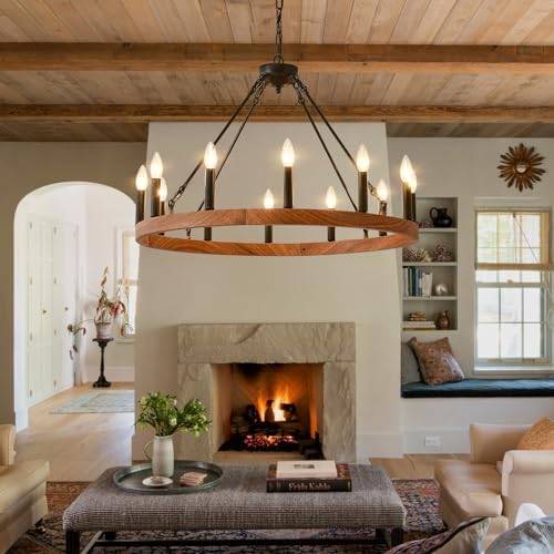 Wood-Grain Wagon Wheel Chandelier 32-Inch Modern Farmhouse Chandelier - Image 2