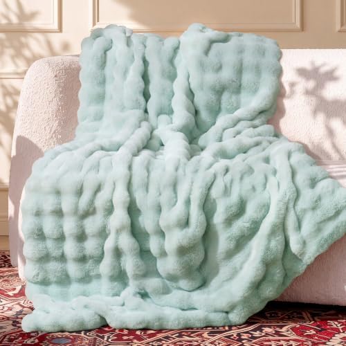 Ultra Soft Cozy Faux Fur Throw Blanket, Fuzzy Plush Thick Bubble Blanket, Oversize Luxury Fluffy Blanket for Couch, Sofa, Bedroom, and Living Room,50x60 Inches, Misty Blue by blunique