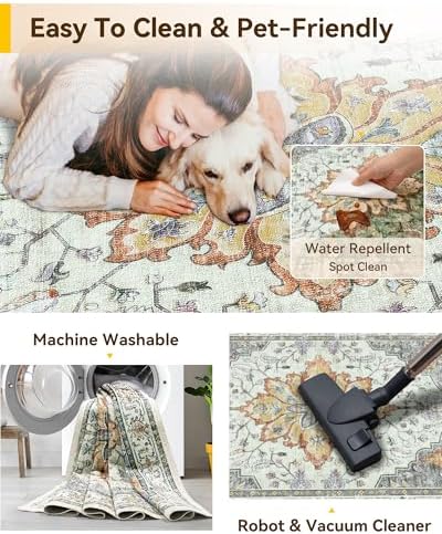 RELEANY Washable Area Rug, Square 4'x4', Beige/Carbon Grey/Orange - Image 3