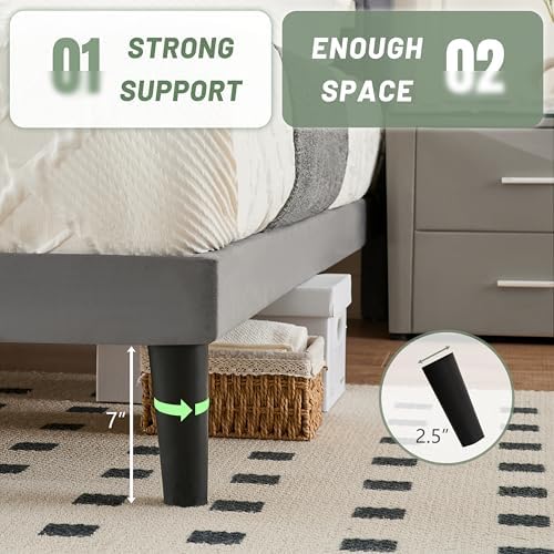 Full Size Platform Bed Frame with Velvet Headboard, Wing Edge, Sturdy Wooden Slats, Noise-Free, No Box Spring Needed, Easy Assembly, Grey - Image 5