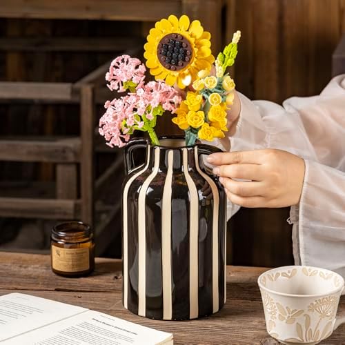 SURE YUESI Black Ceramic Vase with Handles, 9.1 Inch Striped Flower Vase for Halloween Decor, Modern Farmhouse Vase for Pampas Grass, Shelf Decor, Dining Table Centerpiece - Image 7