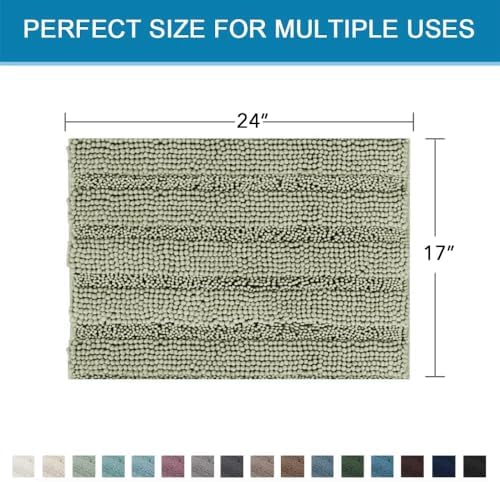 H.VERSAILTEX Bath Mats for Bathroom Non Slip Thick Chenille Striped Bath Rug Absorbent Fluffy Soft Shaggy Rugs Washable Dry Fast Plush Mats for Indoor, Bath Room, Tub - 17" x 24", Eucalyptus Green - Image 2