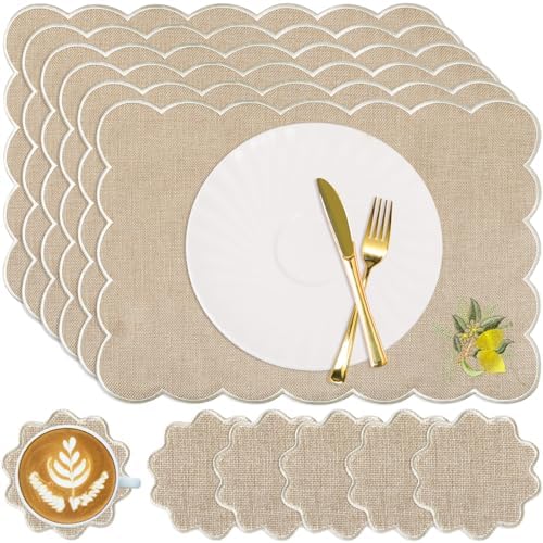 Set of 12 Lemon Cotton Linen Placemats Coaster, 12 x 17 Heat Resistant Embroidery Scalloped Placemats, 4" Summer Kitchen Coaster Double Layered Rustic Dinner Table Decoration(Linen and White) by Gandeer