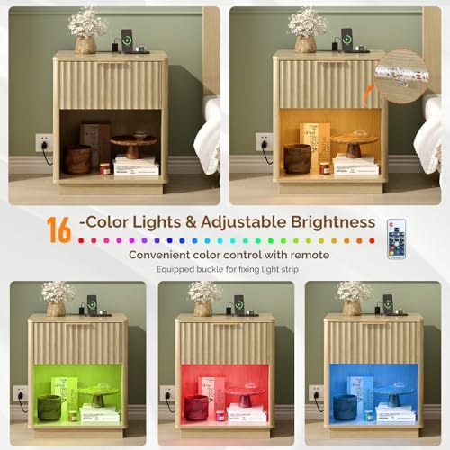 VINGLI 19"W Nightstands Set of 2 with Charging Station, LED Nightstand Fluted with Rounded Edge, Mid Century Modern Nightstand for Bedroom, Fluted Bed Side Table, Oak Night Stand, 18.9"W*15"D*22.4"H - Image 6