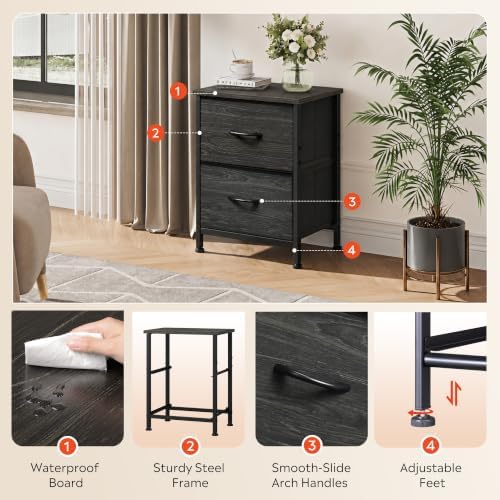 WLIVE Night Stand, Small Dresser with 2 Drawers & Wooden Top, Nightstand with Fabric Bins, Bedside Table End Table for Bedroom, Closet, Entryway, College Dorm, Charcoal Black - Image 5