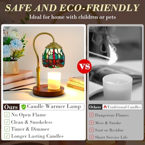 Candle Warmer Lamp Tiffany Style Dragonfly, with Timer Dimmer Adjustable Height, Stained Glass Candle Warmer Lamp with 2 Bulbs, Vintage Home Decor Gift, Wax Melt Warmer for Scented Jar Candles - Image 6
