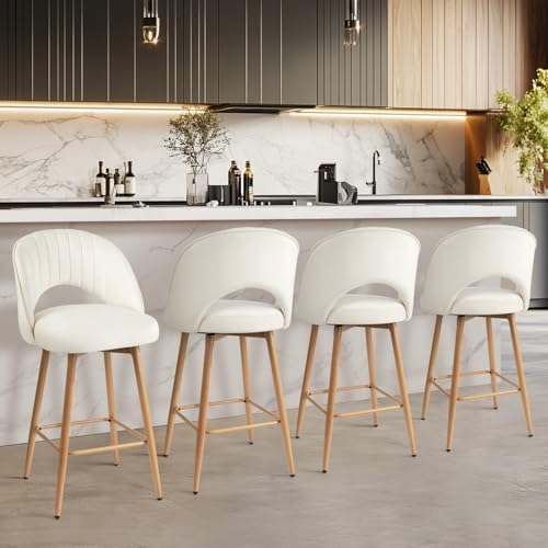 Swivel Bar Stools Set of 4, Counter Height Barstools for Kitchen Island, 26" Seat Height Bar Chairs for Dining Room, Velvet Upholstered Bar Stool with Back and Footrest, White - Image 6