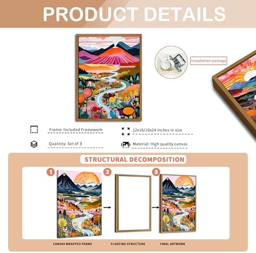 Floating Framed Boho Colorful Wall Art, Abstract Watercolor Mountain Landscape Wall Decor Painting Set of 3, Modern Flower Aesthetic Posters Prints for Living Room Bathroom Bedroom 12x16 Inch - Image 2