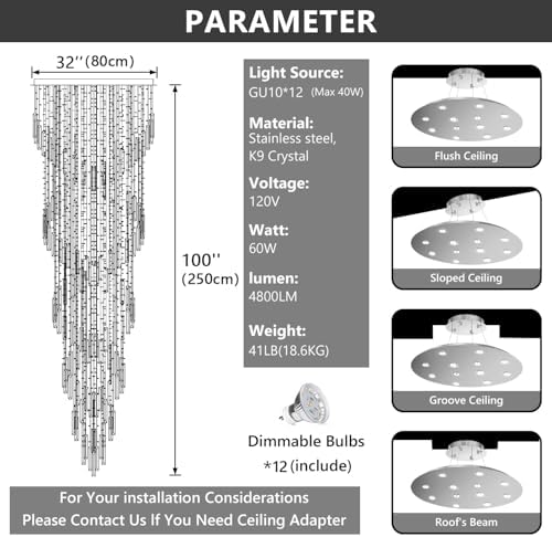 D32'' x H100'' Modern Crystal Chandelier High Ceiling Chandeliers for Entryway Glam Chandelier Large Raindrop Chandeliers LED Dimmable Light Fixtures for Staircaes Foyer Hallway Living Room Silver - Image 3