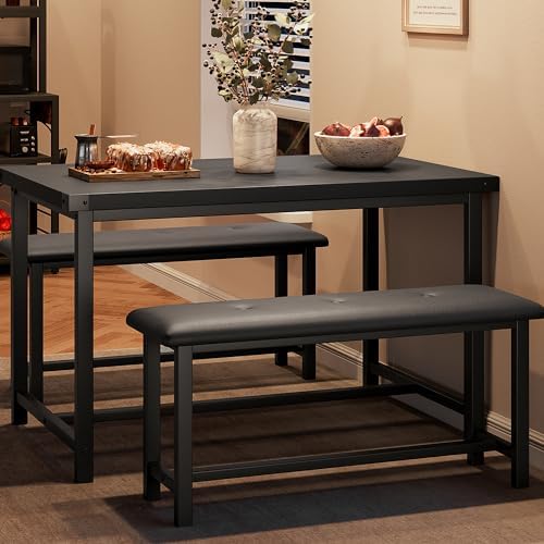 GarveeHome Dining Table Set for 4, Kitchen Table with 2 Upholstered Benches, Wood Kitchen Dining Room Set, for Small Space, Apartment, Home, Dinner, Retro Black by GarveeHome