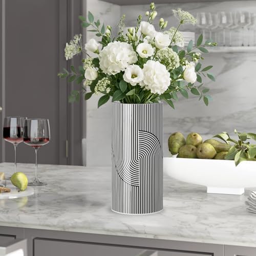Torre & Tagus 12" Tall Black and White Ceramic Vase for Flowers - Big White Vase with Black Stripes, Gloss Finish & Large Opening for Flower Bouquets or Centerpiece (Monochrome Linear Curve) - Image 5