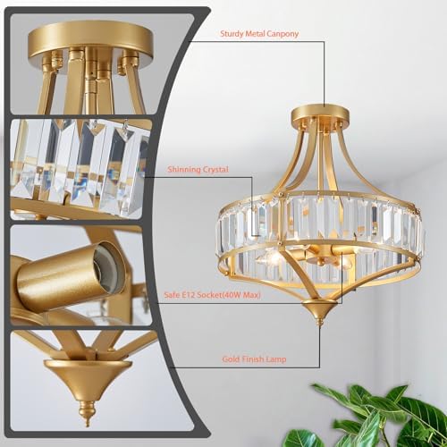 Modern Gold Crystal Chandelier 4 Lights Semi Flush Mount Ceiling Light Fixture E12 Base Farmhouse Mid Century Chandelier for Dining Room Bedroom Hallway Entryway Kitchen - Image 5