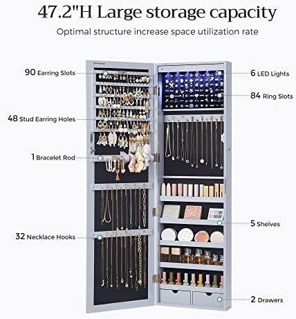 SONGMICS 6 LEDs Mirror Jewelry Cabinet, 47.2-Inch Tall, Lockable - Image 5