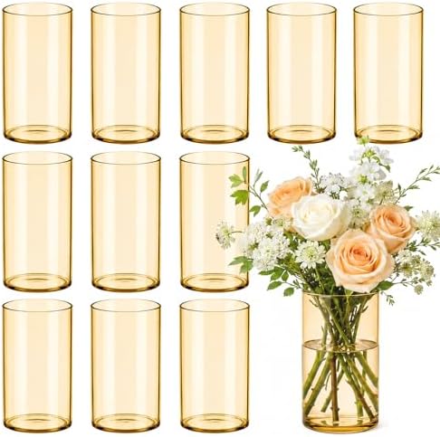 TBWIND 12pcs 6 Inch Gold Amber Glass Cylinder Vases for Centerpieces by TBWIND