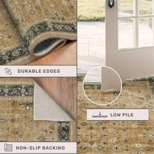 Vintage 6x9 Rug for Living Room - Washable Dining Room Rugs for Under Table, Low Pile Non-Slip Carpet for Bedroom - Boho Rustic Brown and Charcoal Olive Eclectic Home Decor - Image 4