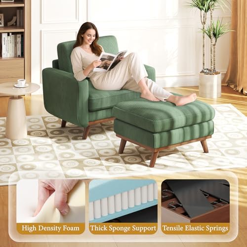 Vesgantti 38.5" Accent Chair with Movable Ottoman, Comfy Corduroy Armchair with Spring Cushion, Reading Chair with Ottoman, Modern Single Sofa for Living Room, Bedroom and Apartment, Green - Image 4