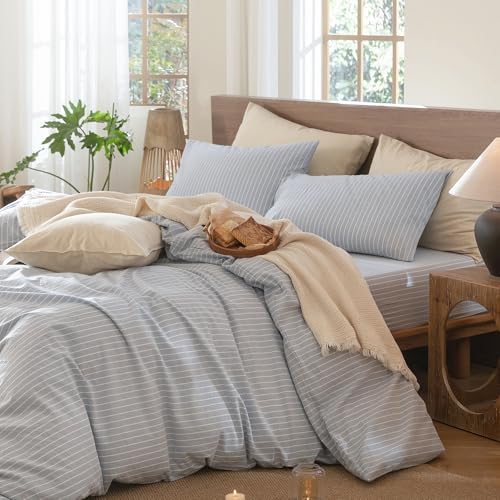MooMee Striped Duvet Cover Set 100% Washed Cotton Linen Like - Image 3