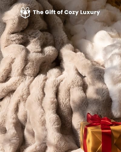 Ultra Soft Cozy Faux Fur Throw Blanket, Fuzzy Plush Thick Bubble Blanket, Oversize Luxury Fluffy Blanket for Couch, Bed, and Living Room, 60x80 Inches, Light Brown - Image 6