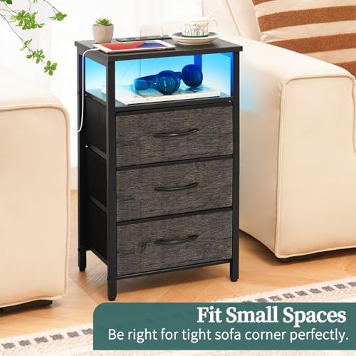 Yoobure Night Stand with Charging Station, 3 Fabric Drawers Nightstand, Bedside Tables with Storage Shelf, End Table with 16 Colors LED, Small Dresser for Small Space, Gray - Image 7