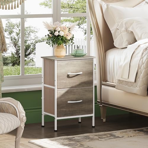 WLIVE Night Stand, Greige Nightstand with 2 Fabric Drawers, Small Dresser for Bedroom, Bedside Table End Table with Storage Drawer, College Dorm, Dormitory, Greige Oak - Image 2