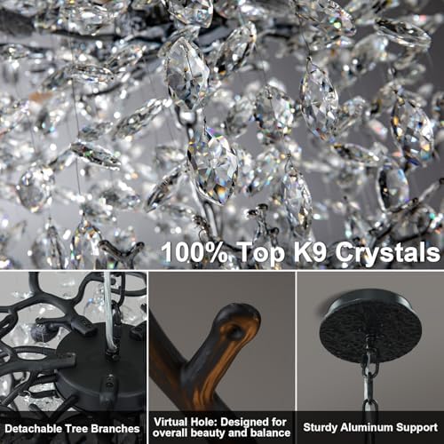 118" Black Large Chandeliers for High Ceilings, 28-Light Long Crystal Tree Branch Chandelier for High Ceiling, Staircase, Foyer, Entryway, Living Room, Luxury K9 Crystal Raindrop Tiered Chandelier - Image 5