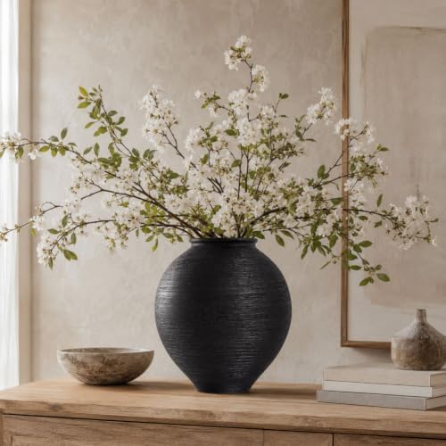 Large Blak Ceramic Vase - 11.8 Inch Large Black Round Vase, Rustic Farmhouse Vase for Home Decor, Dining Table, Shelf, Bedroom, Living Room, Kitchen, Office, Bathroom, Mantle, Centerpiece Décor - Image 7