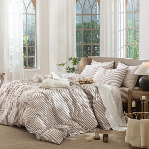 MooMee Striped Duvet Cover Set 100% Washed Cotton Linen Like Super King - Image 3
