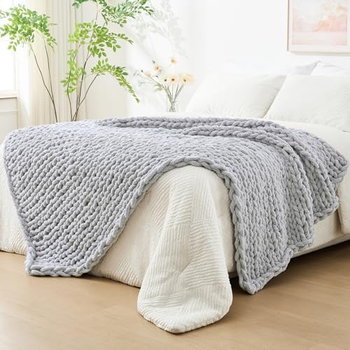 Bigacogo Chunky Knit Throw Blanket for Couch, 80x90 inches, Light Grey by Bigacogo