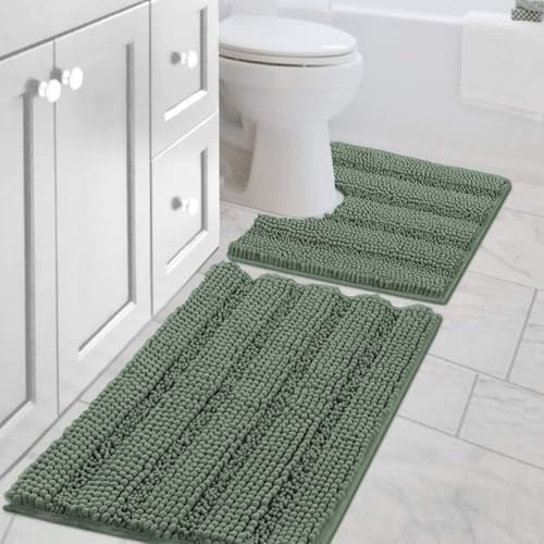 H.VERSAILTEX Bathroom Rugs Bath Rug Set 2 Piece Bathroom Contour Rug Toilet Mat Non Slip Contour Bath Rug Ultra Thick Water Absorbent Striped Bath Mats Washable(20" x 32" Plus 20" x 20" U, Green Bay) by HVERSAILTEX