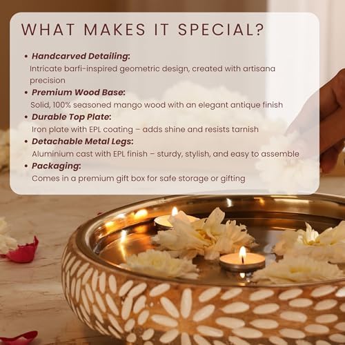 RITUALISTIC Vrinda Handcarved Wooden Urli Bowl (11.5 inches) | Mango Wood with Floral Sacred Carving & Detachable Legs | Floating Candles, Flowers & Festive Décor | Diwali Housewarming Premium Gift - Image 2
