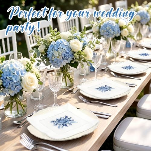 LemonRoad 6 Pcs Linen Cocktail Napkins Blue Floral Cloth Napkins Gifts for Women Embroidered Blue Floral Cotton Hemstitched Coasters for Wedding Tea Party Dining Table Decor, Washable, 6 x 6 Inch - Image 5