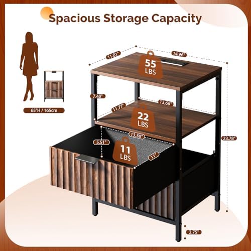 VINGLI Walnut Nightstand with Charging Station and Fabric Drawers, Fluted Nightstand with Drawers, Bedside Table/End Table with Charger Station, Side Table Bedroom, Small Night Stand Dark Walnut - Image 2
