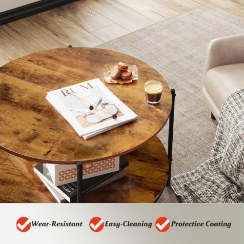 WLIVE Round Coffee Table, 32.6" Small Coffee Table with Storage Shelf, 2-Tier Circle Wood Center Table for Living Room, Apartment, Rustic Brown (Rustic Brown, 32.6" D x 32.6" W x 17.5" H) - Image 5