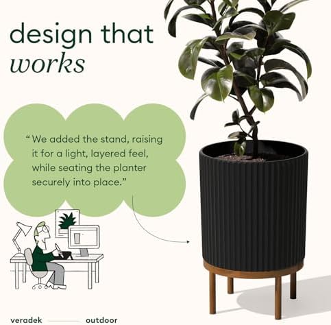 Veradek Demi Series Round Planter w/ Stand for Porch/Patio | Durable Plastic-Concrete & Wooden Stand | Modern Décor for Tall Plants, Flowers - Image 5