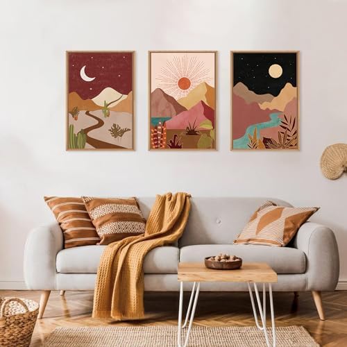 LHIUEM Large Boho Southwest Mountain Framed Canvas Wall Art,Abstract Desert Colorful Wall Decor,Nature Moon and Sun Wall Painting,Bohemian Artwork for Living Room,Bedroom,Dining Room,Office -24"x36"x3 - Image 4