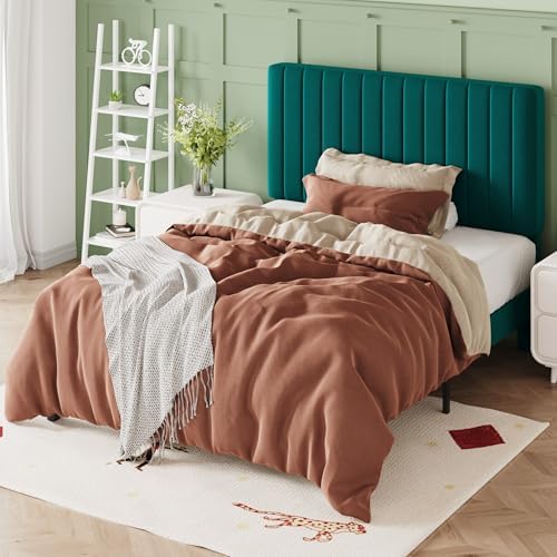 Allewie Twin Bed Frame, Velvet Upholstered Platform Bed with Adjustable Vertical Channel Tufted Headboard, Mattress Foundation with Strong Wooden Slats, Box Spring Optional, Easy Assembly, Teal - Image 4