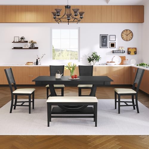 Modern Solid Wood 6-Piece Dining Table Set, Unique Design Half Round Legs Dining Table with Upholstered Dining Chairs&Bench, Kitchen Dining Room Set for 6 (Grey-Half L) - Image 2