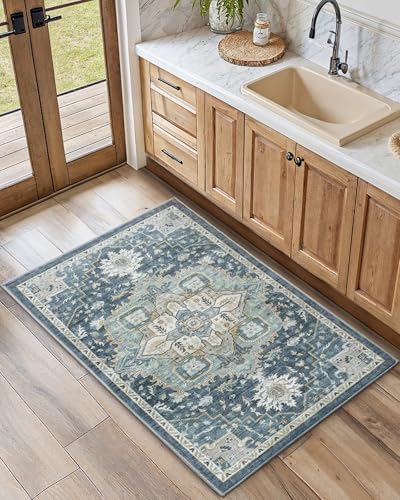 Amada Small 2x4 Washable Area Rug for Entryway, Blue/Yellow, Vintage Style - Image 3