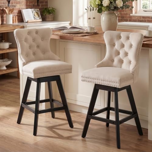 SoarFlash Kitchen Swivel Bar Stools with Solid Wood Legs Upholstered Counter Stools Set of 2, Beige by SoarFlash