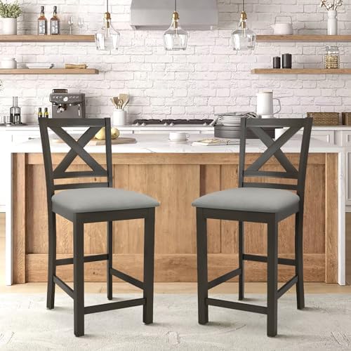COLAMY Bar Stools Set of 2, Counter Height Bar Stools, Mid Century Modern Barstools with Back, Wood Barstools for Kitchen Dining Room Bar, Dark Grey - Image 3