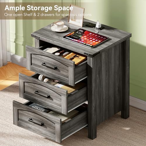 Decofy Farmhouse Nightstand Set of 2 with Charging Station, 3 Drawers - Image 4