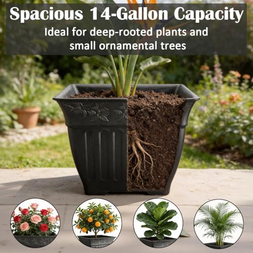4-Pack 18 Inch Large Outdoor Planters, Embossed Leaf Pattern, Black - Image 3