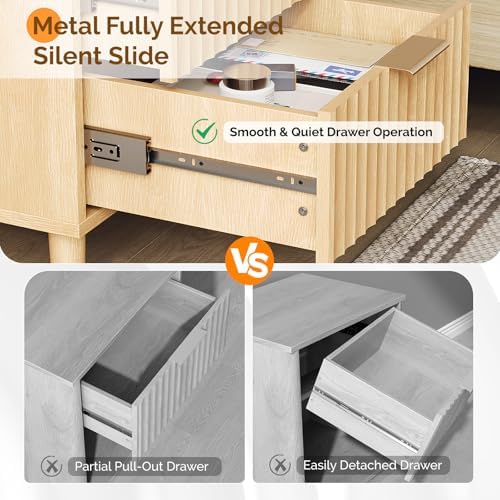 VINGLI Fluted Nightstand with Charging Station, Wood Nightstand with 2 Drawers Night Stand for Bedroom, Fluted Bedside Table/End Table/Side Table with Pine Wood Legs, Oak, 15.75" W*15.55" D*23.62" H - Image 5