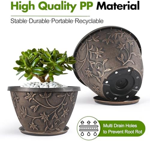 Nooulap 8 Inch Plant Pots with Drainage Hole, 4 Pack, Retro Brown - Image 3