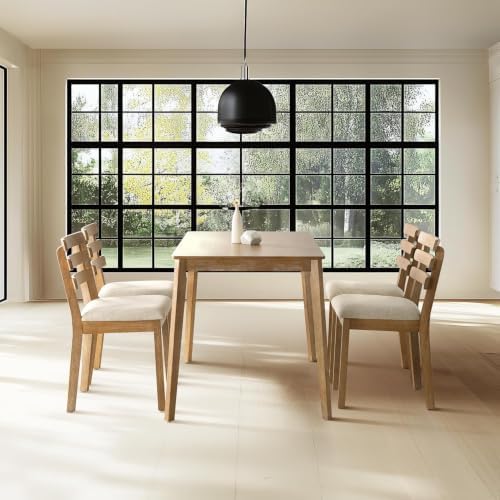 Dining Table Set for 6, Wooden Farmhouse Table, 6 Upholstered Chairs - Image 3