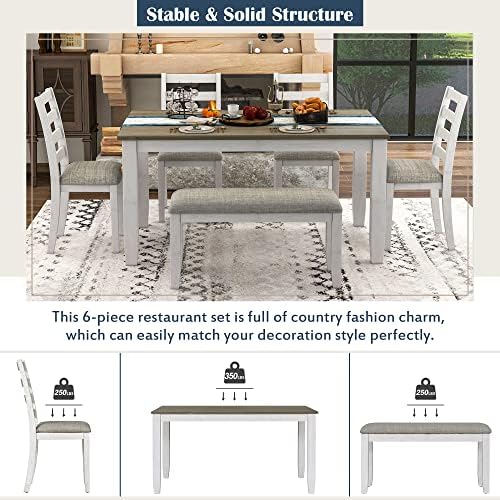 Rustic Farmhouse 6-Piece Dining Room Table Set, Counter Height Wooden Kitchen Dining Set with 4 Upholstered Chairs and Padded Bench, Kitchen Set for 6 (Brown+Whitewash) - Image 5