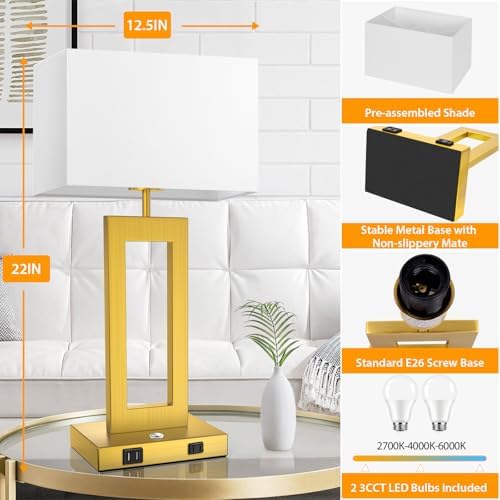 22’’ Touch Control Table Lamps Set of 2, 3 Color Temperatures Bedroom Bedside Lamps, Modern Gold Dimmable Lamps with USB Ports & AC Outlet, Tall Living Room Lamps for Nightstand End Table, 2 Bulbs - Image 6