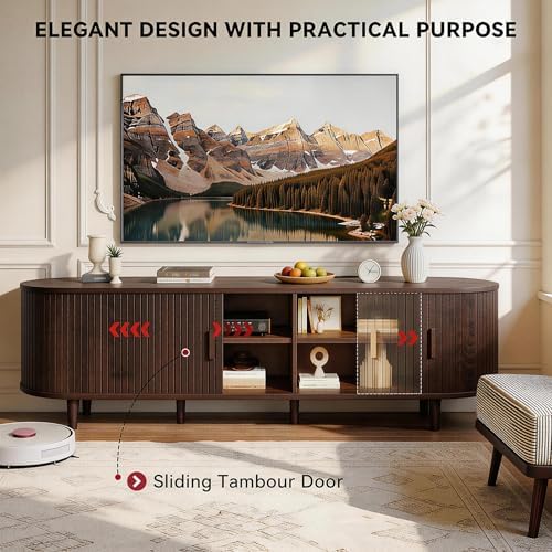 70" Mid Century Modern TV Stand with Power Outlet, Fluted Entertainment Center with Storage and Adjustable Shelves, Wood TV Console with Sliding Doors for Living Room, Walnut - Image 4